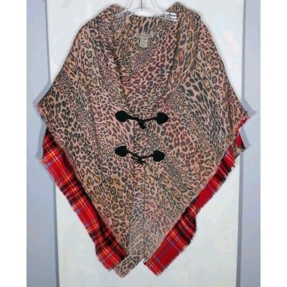 Leopard Print Poncho Cape Plaid Trim Toggle Front Boho Western OS Cozy